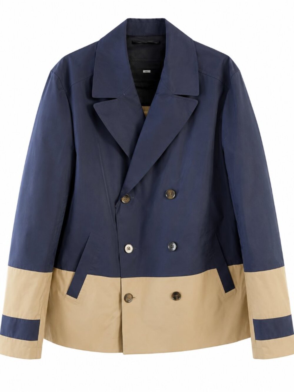 Colorblock Double-Breasted Cotton Jacket Coat Navy/Beige US Men's IT 50 - Picture 3 of 8